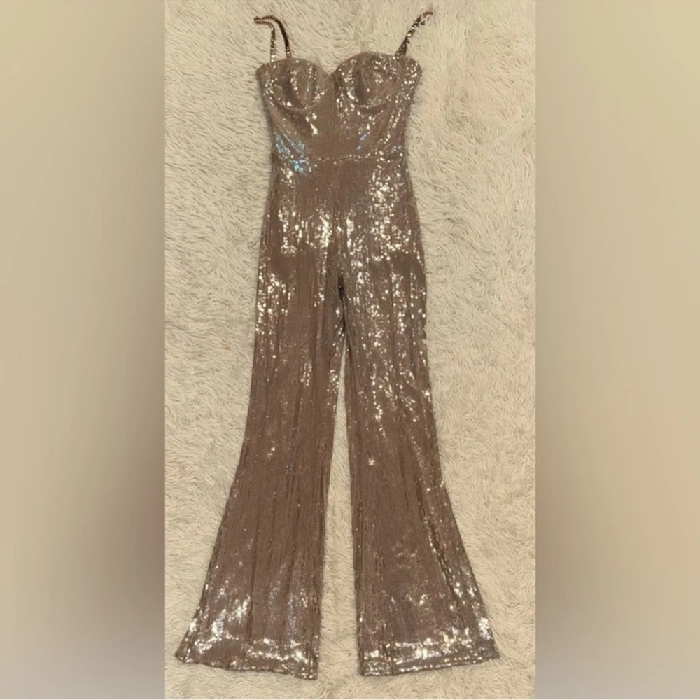 Nadine Merabi Lucinda Champaign Sequin Jumpsuit size 6 cocktail Party Prom - Picture 6 of 12